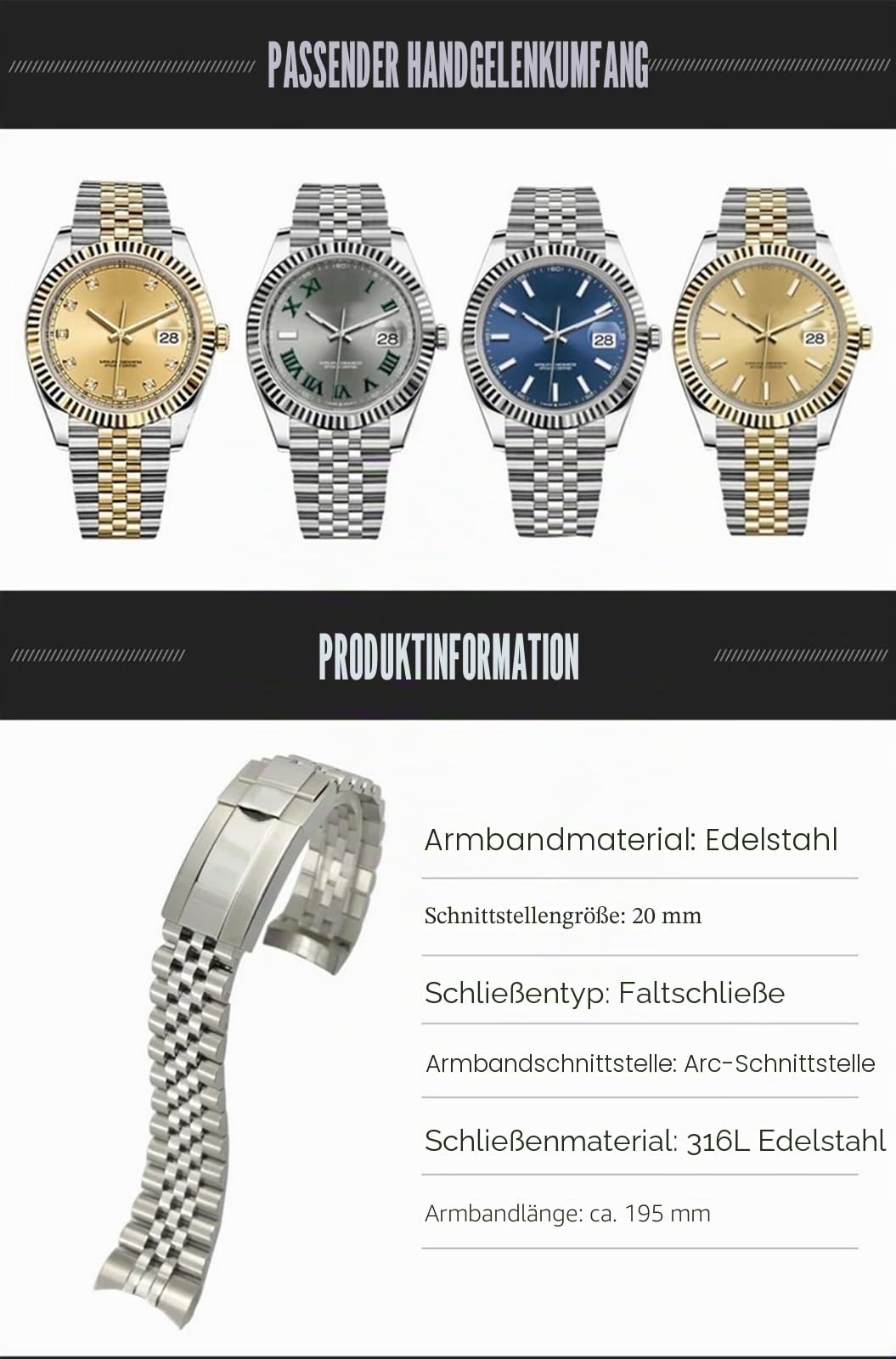 316L Edelstahl-Armband, 20 mm, passend für Rolex Datejust Oyster Perpetual 36 mm, Zifferblatt-Armband, silberfarben, goldfarben, solides Armband