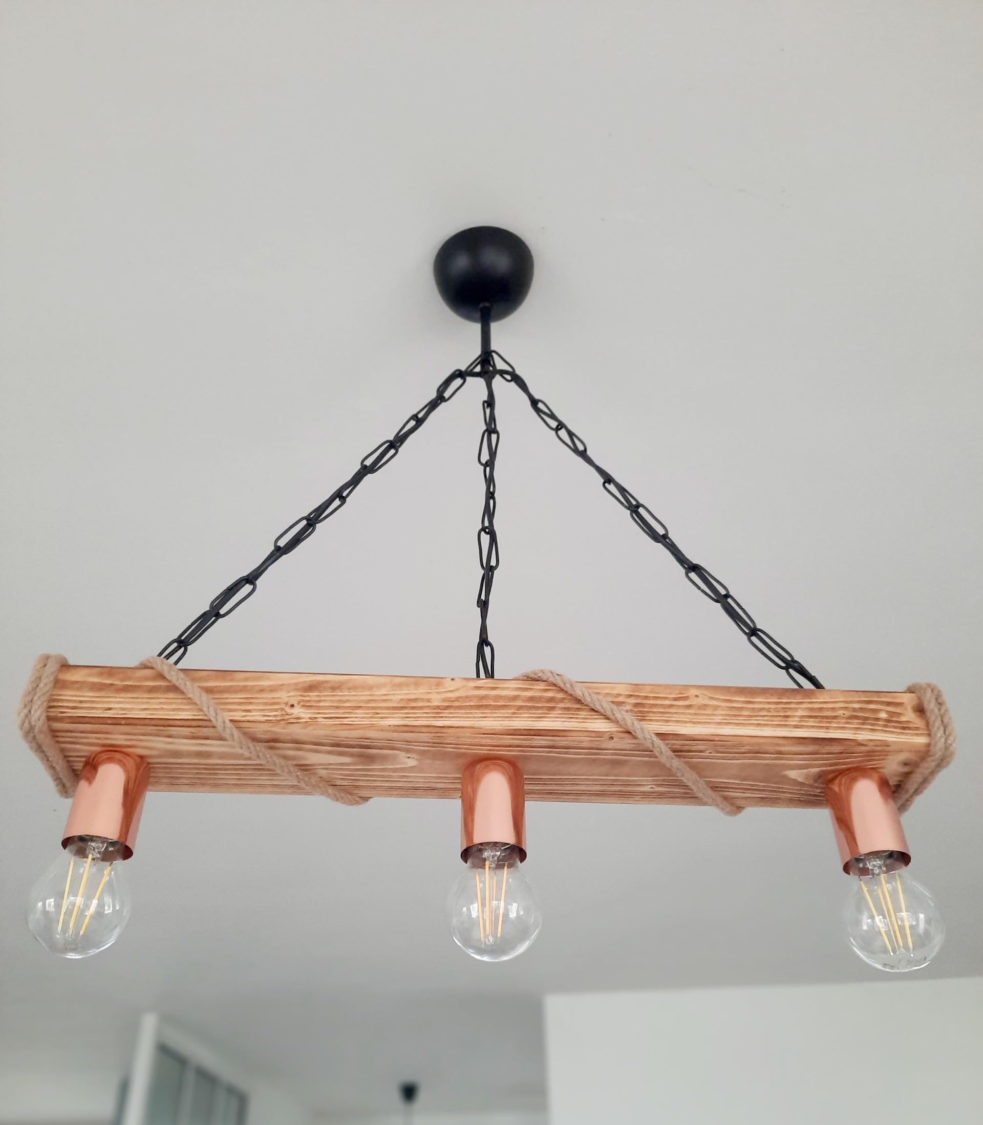 Lustre suspension en bois corde et cuivre - style industriel campagne chic - 3 ampoules E27