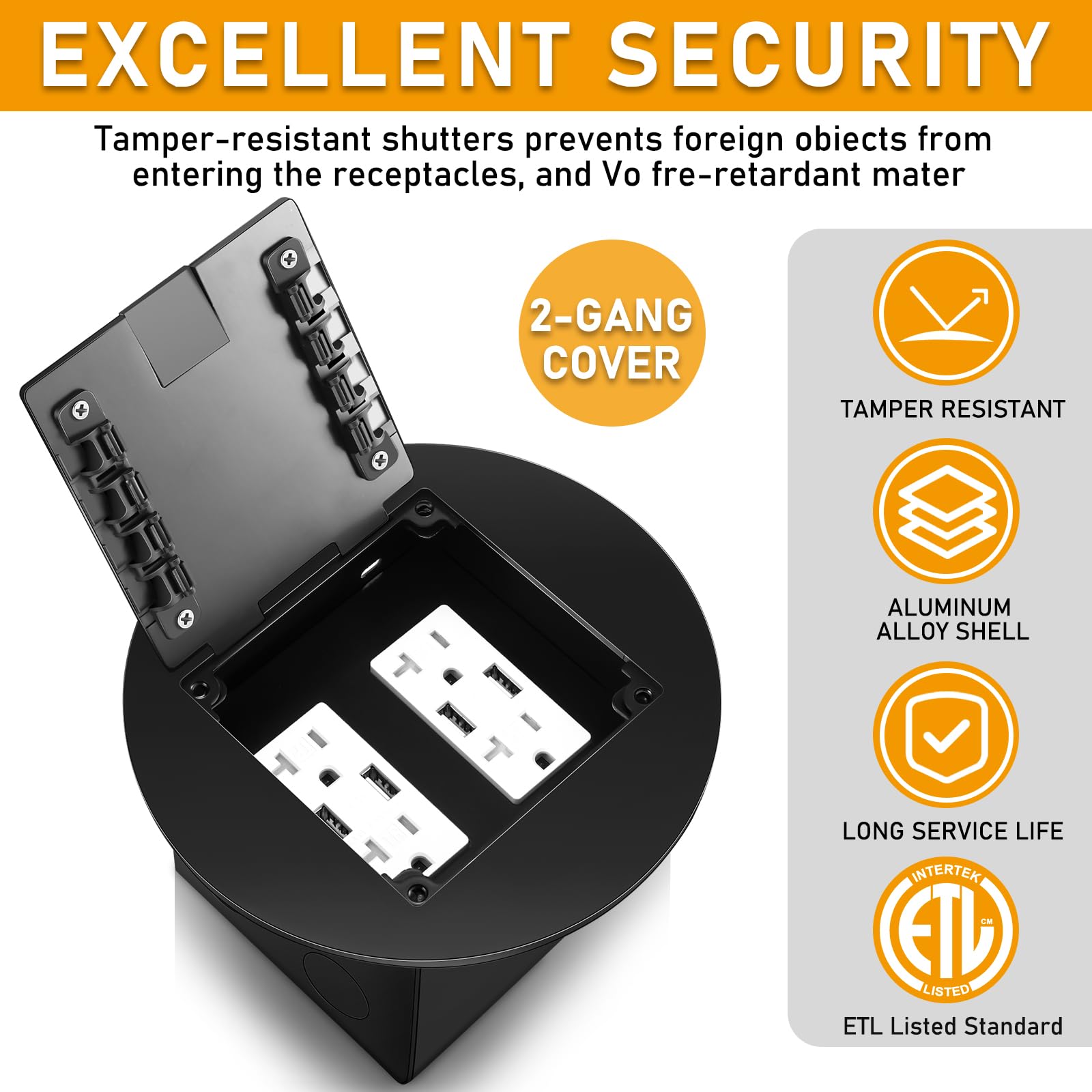 Presa a pavimento da incasso nera 4. 72 "x 4. 72" x 3. 94" 2-Gang con 4. 8a USB Caricatori 20 Amp Pavimento Recipienti da pavimento Kit di presa nascosta rotonda Scatola impermeabile elettrica