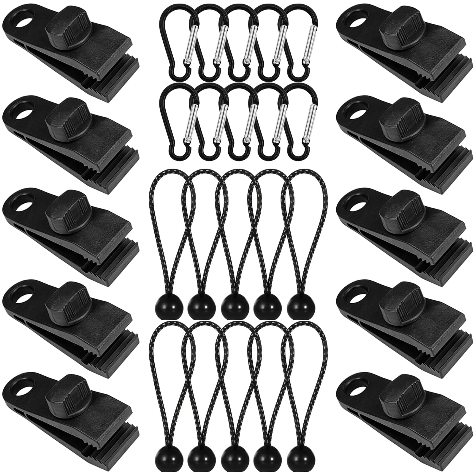 10Pcs Tarp Clips Heavy Duty Lock Grip with Bungee Cords & Carabiner Clips