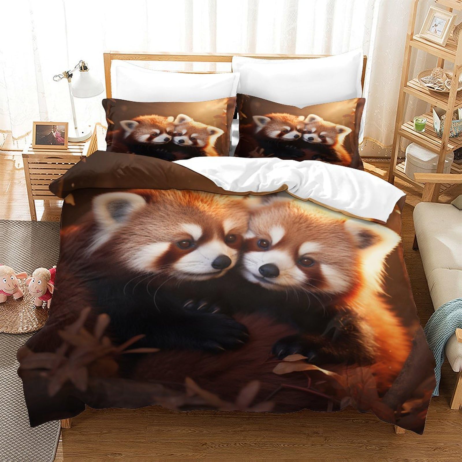 P1S9U7W5Y 3D Printed Red Panda 3 Piece Duvet Cover Set Microfiber for Adults Teens Cozy Animal Bedding Set Bedroom Decor Soft All Season King（220x240cm）