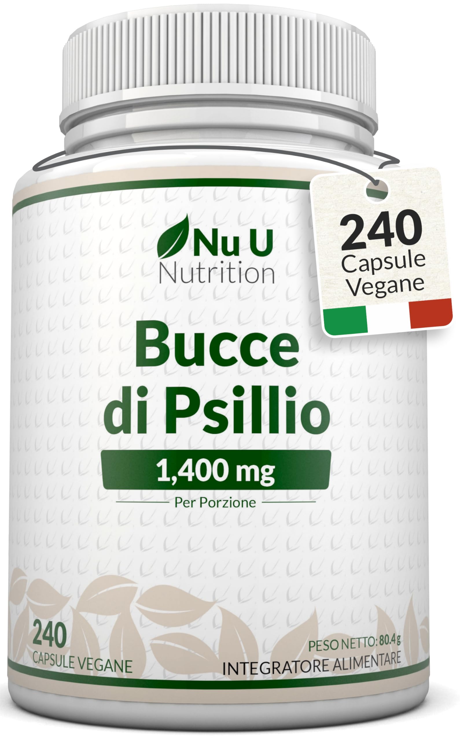 Bucce di Psillio Alto Dosaggio 1400mg - 240 Capsule Vegane - 4 Mesi di Fornitura - Prebiotico Naturale Psyllium Husk - Integratore Ricco di Fibre - Prodotto in Europa - Nu U Nutrition