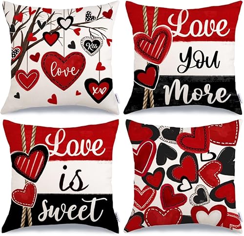Miniatura 7 de GEEORY Juego de 4 fundas de almohada para el día de San Valentín de 16 x 16 pulgadas, decoración de San Valentín, corazones rojos, árbol te amo más,