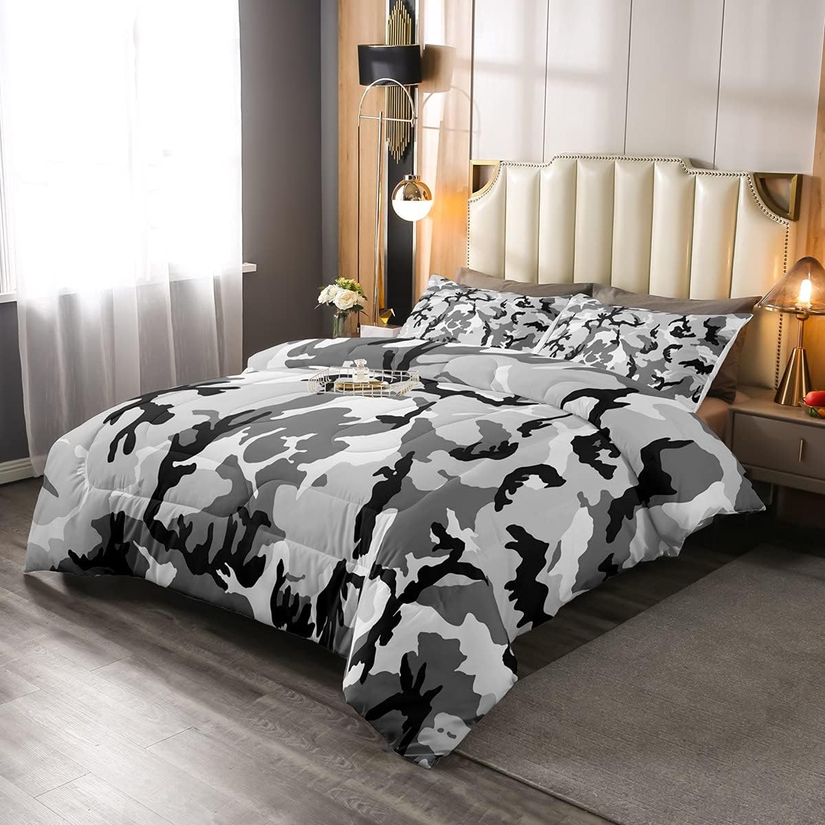 Feelyou Camo Comforter Set Black and White Gray Bedding Set for Kids Boys Girls Abstract Cow Graphic Art Comforter Geometric Design Quilt Set Room 2Pcs Twin Size
