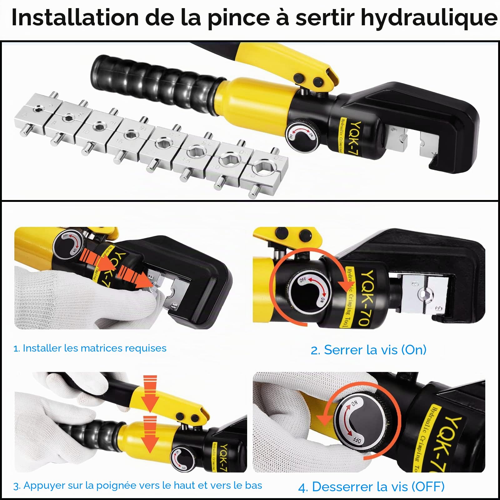 Solsop Pince à Sertir Hydraulique Pression 10T avec 9 Ensembles de Moules à Sertir 4-70 mm² pour Cosses de Câble en Cuivre et Aluminium