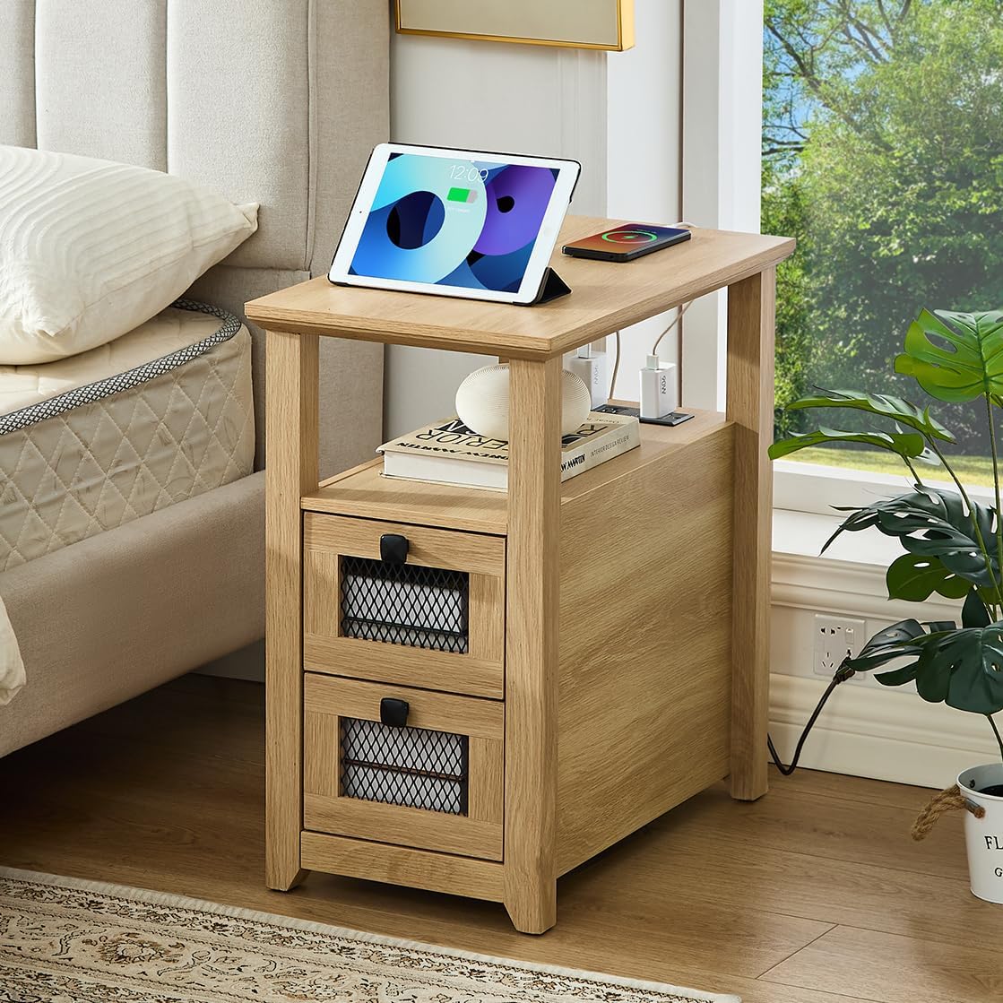 Farmhouse XXL End Table with Charging Station, Narrow Side Table with USB Ports and Outlets, Nightstand with 2 Drawers Storage, Bedside Tables for Living Room, Bedroom, Wooden Color