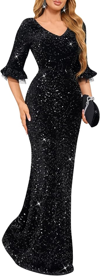 dasmzper Womens Sequin V Neck Flare Sleeve Formal Evening Gown | Elegant Floor-Length Gown, Mermaid Maxi Dress, Wedding Guest Party Dress for Prom, Cocktail Party, Gala, Dinner and Banquet