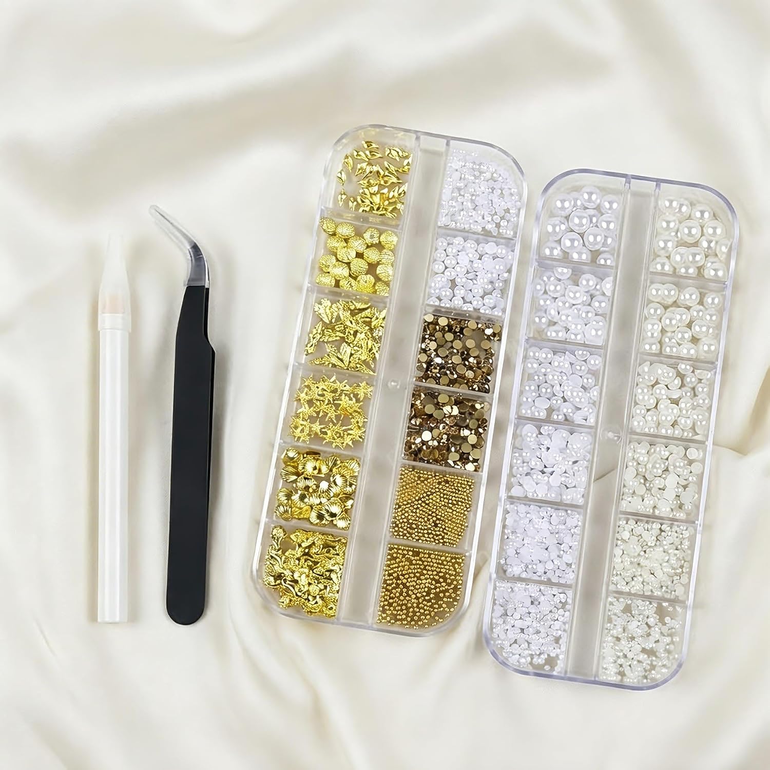 Summer Nail Charms Set, 2 Boxes of 3D Pearl Nail Charms and Metal Ocean Nail Gems Pearls Rhinestones and Gold Starfish Nail Beads with Tweezers and Pickup Pen for DIY Manicure Nail Art Decorations