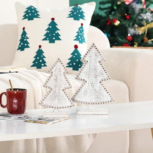 Miniatura 5 de BAYSBAI Juego de 2 árboles de Navidad de madera, centros de mesa rústicos con cuentas para mesas, estante, repisa, escritorio de oficina, árboles de