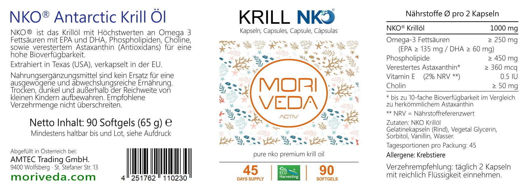 MoriVeda NKO® Antarktische Krillöl Kapseln 270 Stück (3x90) mit Vanille – 1000 mg Antarktisches Krillöl/Tagesdosis – EPA DHA Astaxanthin Cholin Phospholipide – MSC-zertifiziert, aus ECO Harvesting