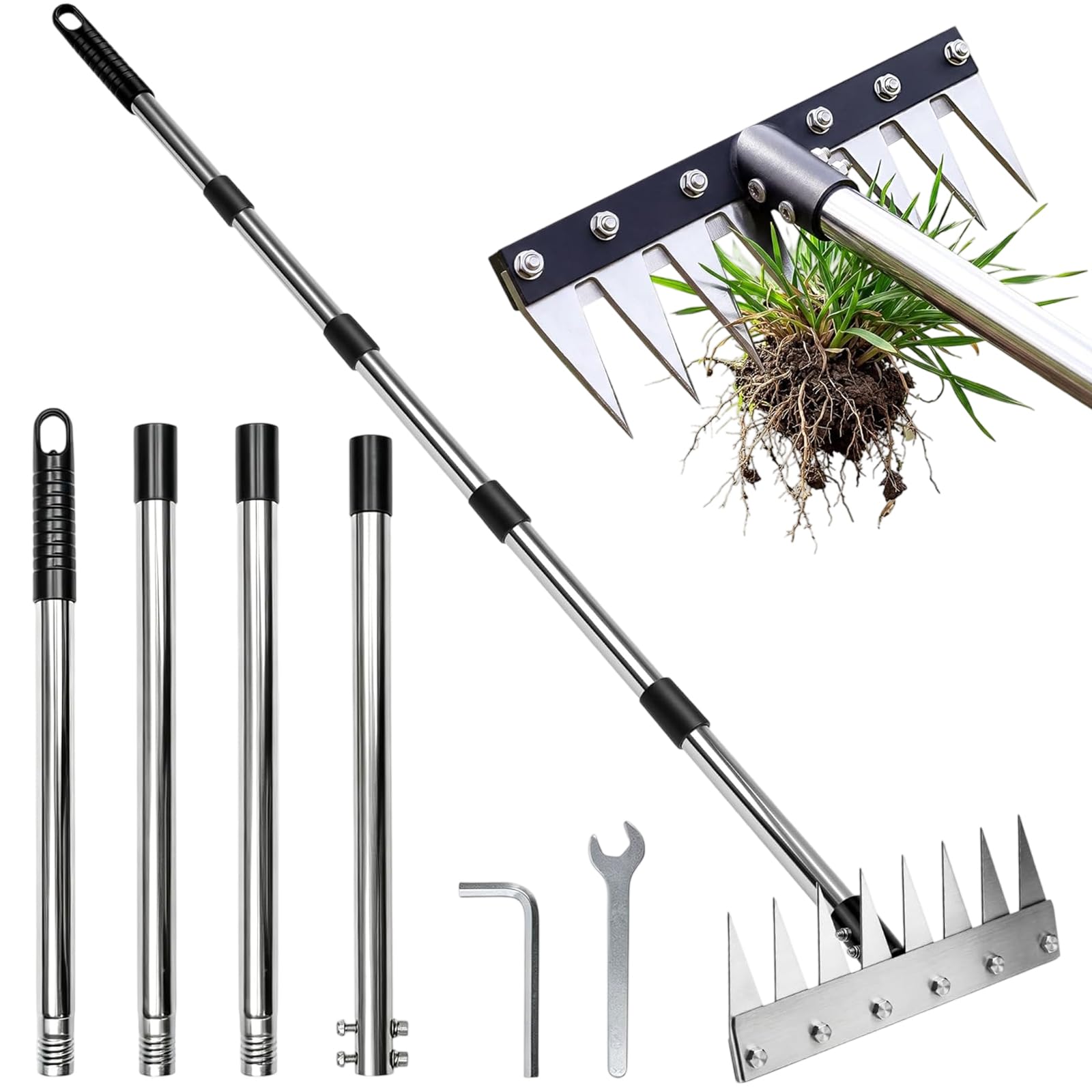 Heavy Duty Weeding Rake Upgraded 8-Tooth, Manual Weed Remover Tool Garden with 17-62in Adjustable Long Handle for Gardening Lawn, Cultivating & Soil Aeration