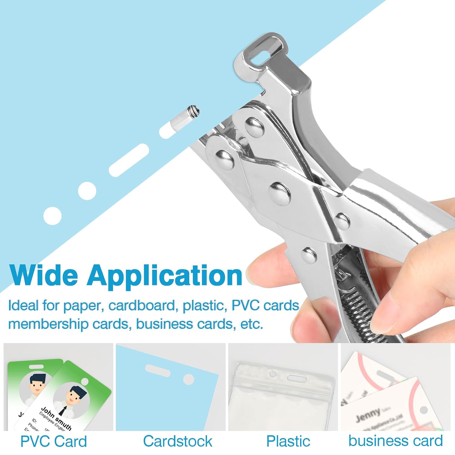 2 in 1 Badge Slot Hole Punch for ID Cards, Heavy Duty Hand Punch Metal Hole Puncher for PVC Material, Business Cards, Paper and Cardstock (5mm Round Hole &13mm X 3mm Slot Hole, Silver) thumbnail