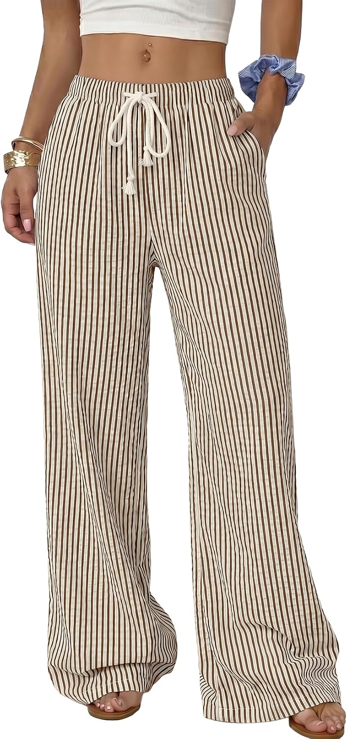 Acelitt Women's Linen Pants Wide Leg Beach Trousers with Pockets | Flowy Palazzo Pants, Elastic Waist Lounge Pants, Casual Spring Summer Outfits for Beach Vacation, Coastal , Teachers