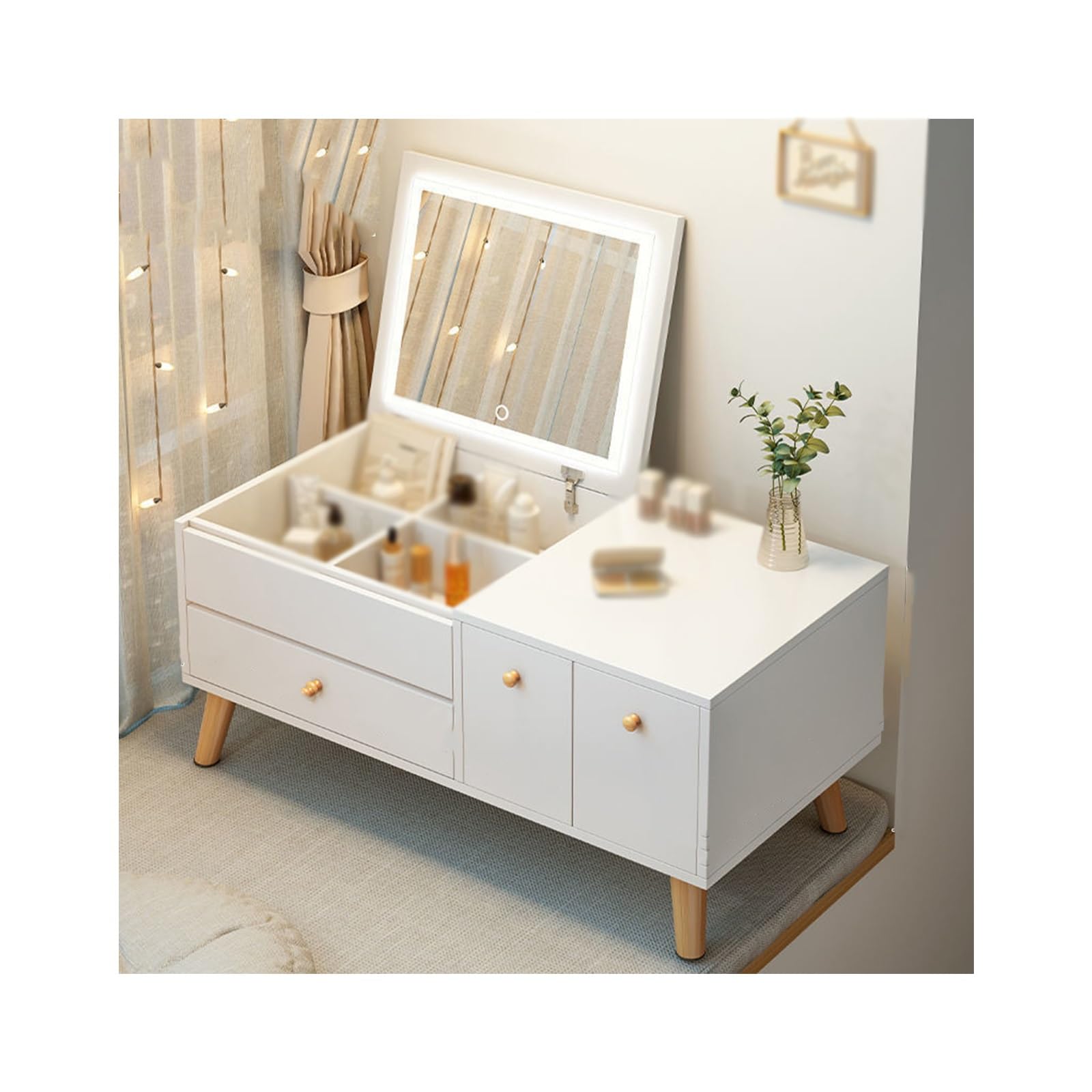 CGCSYZ Modern Wooden Vanity Table with LED Lighting Makeup Desk with Mirror Stylish Bedroom Dressing Table with Drawers Makeup Station for Home Decor(Bianco-WITH LIGHT_80CM)