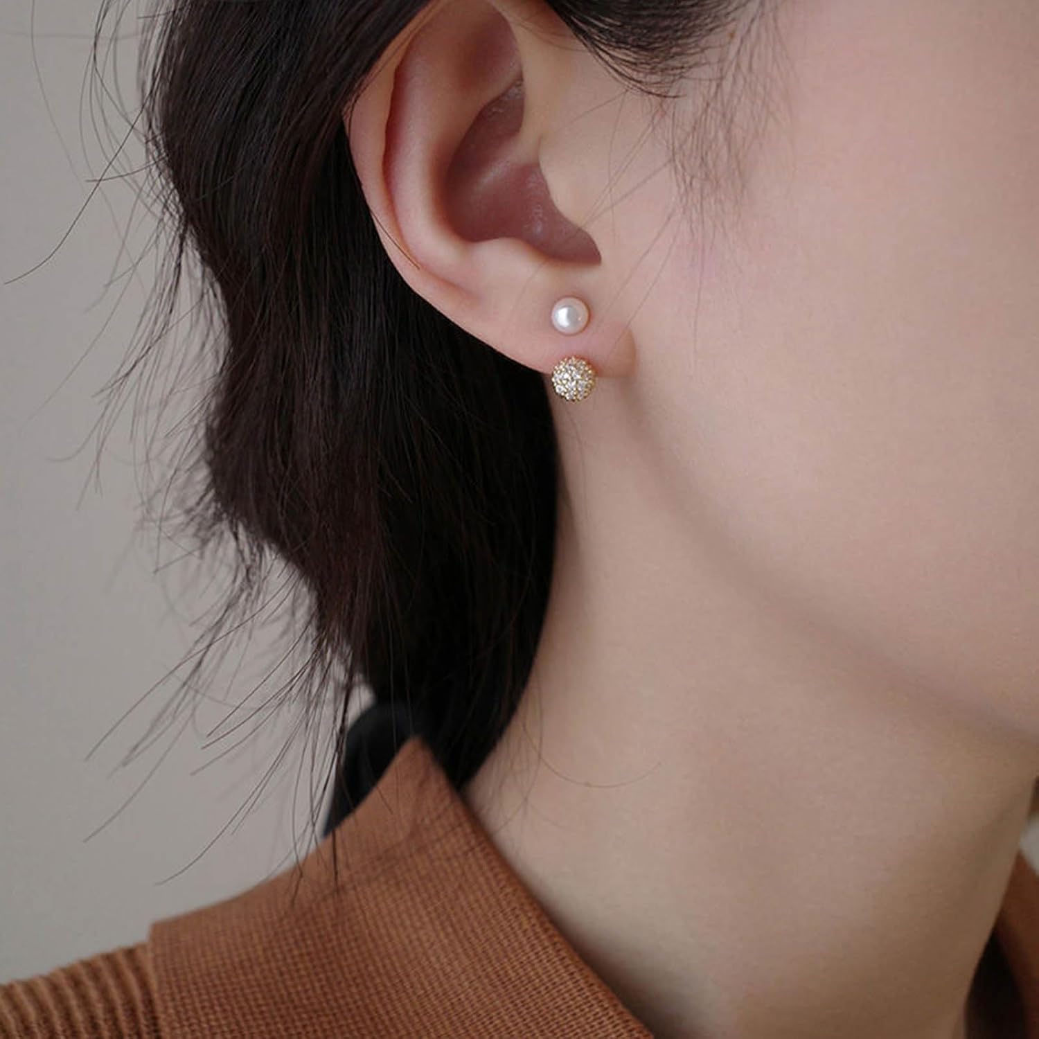 Boho Pearl Jacket Earrings Crystal Bead Earrings Gold Pearl Stud Earrings Pearl Wedding Earrings Front Back Earrings Jewelry for Women and Girls Gifts - Image 3