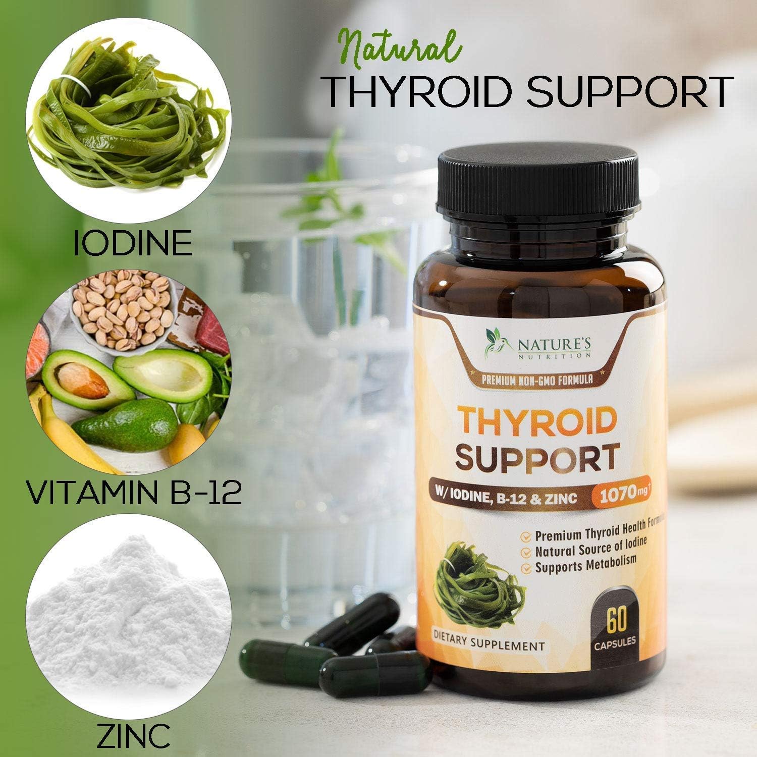 Thyroid Support Supplement with Iodine, Selenium and Zinc - Natural Energy, Fatigue and Focus Formula - Made in USA - Extra Strength Vitamin Thyroid Support Complex - 60 Capsules