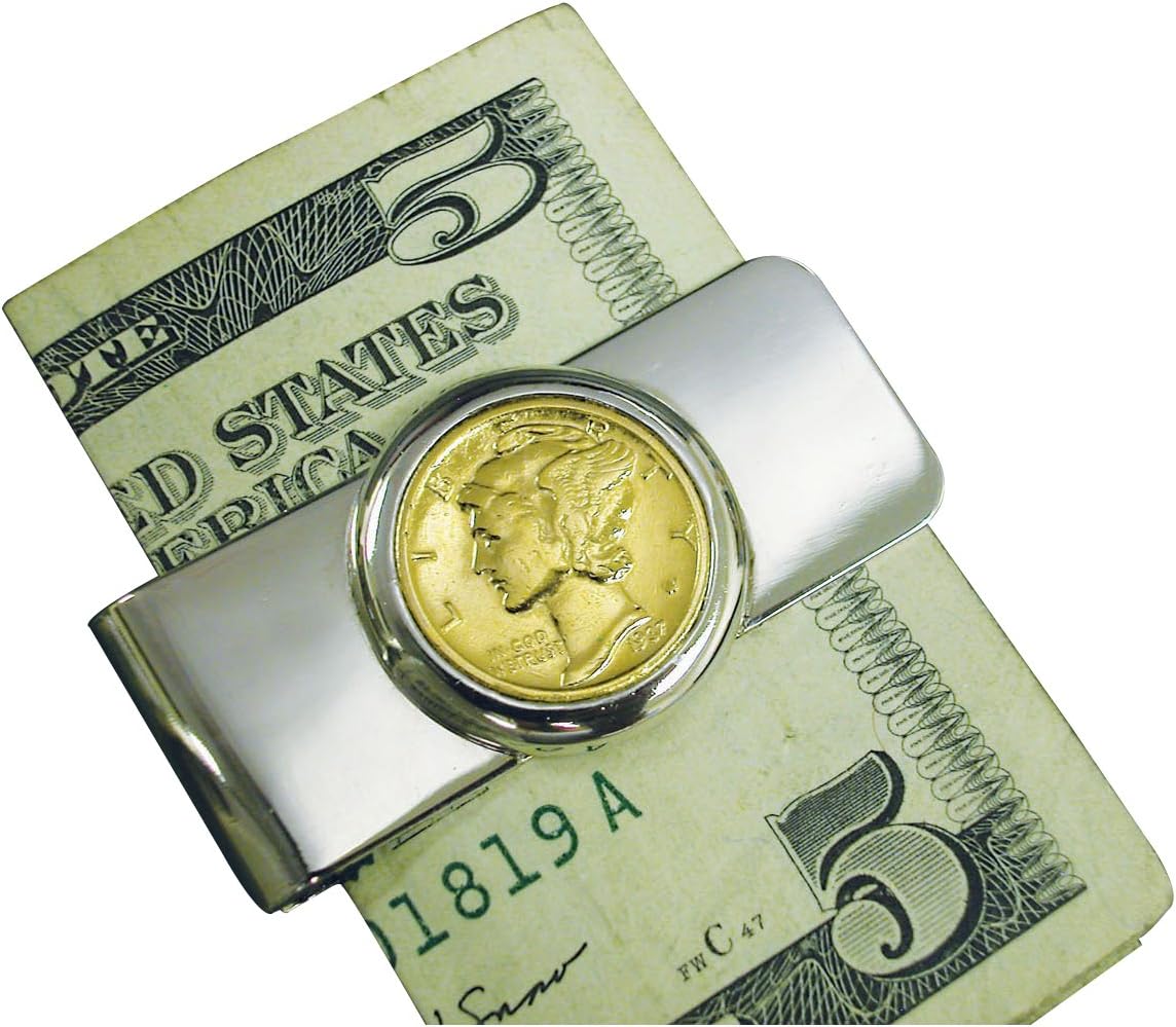 Coin Money Clip - Silver Mercury Dime Layered in Pure 24k Gold | Brass Moneyclip Layered in Silver-Tone Rhodium | Holds Currency, Credit Cards, Cash | Genuine U.S. Coin | Certificate of Authenticity