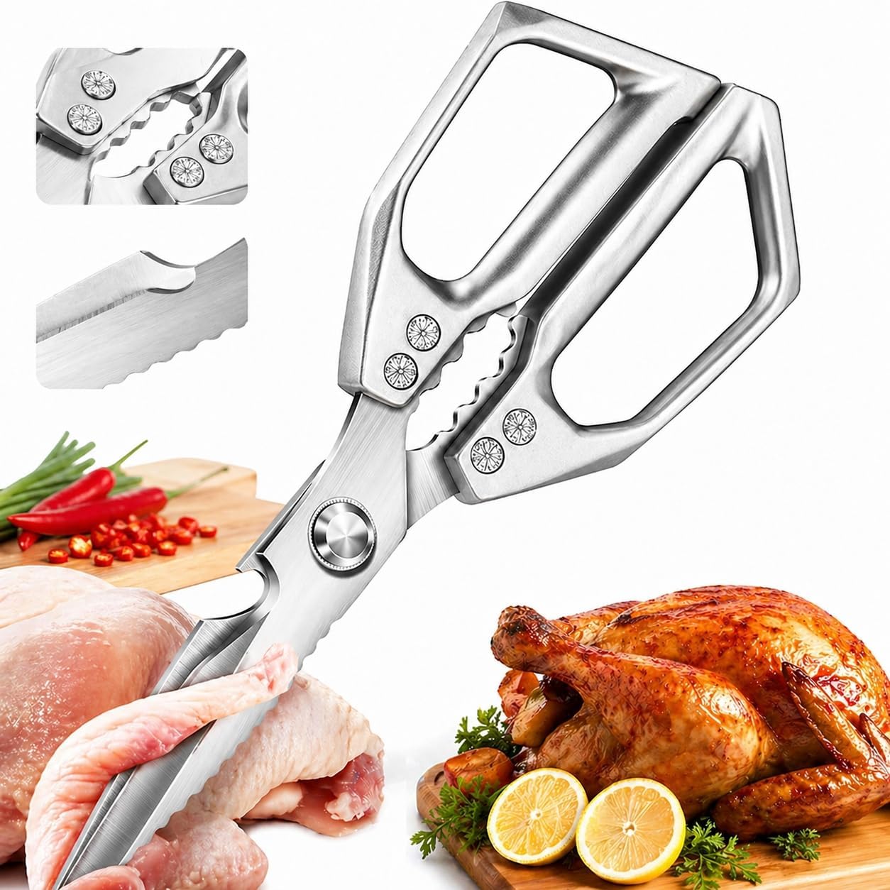 Poultry Shears Heavy Duty, Stainless Steel Kitchen Scissors for Chicken Meat Fish Seafood, Multi Purpose Food Scissors with Bone Cutter (Silver)
