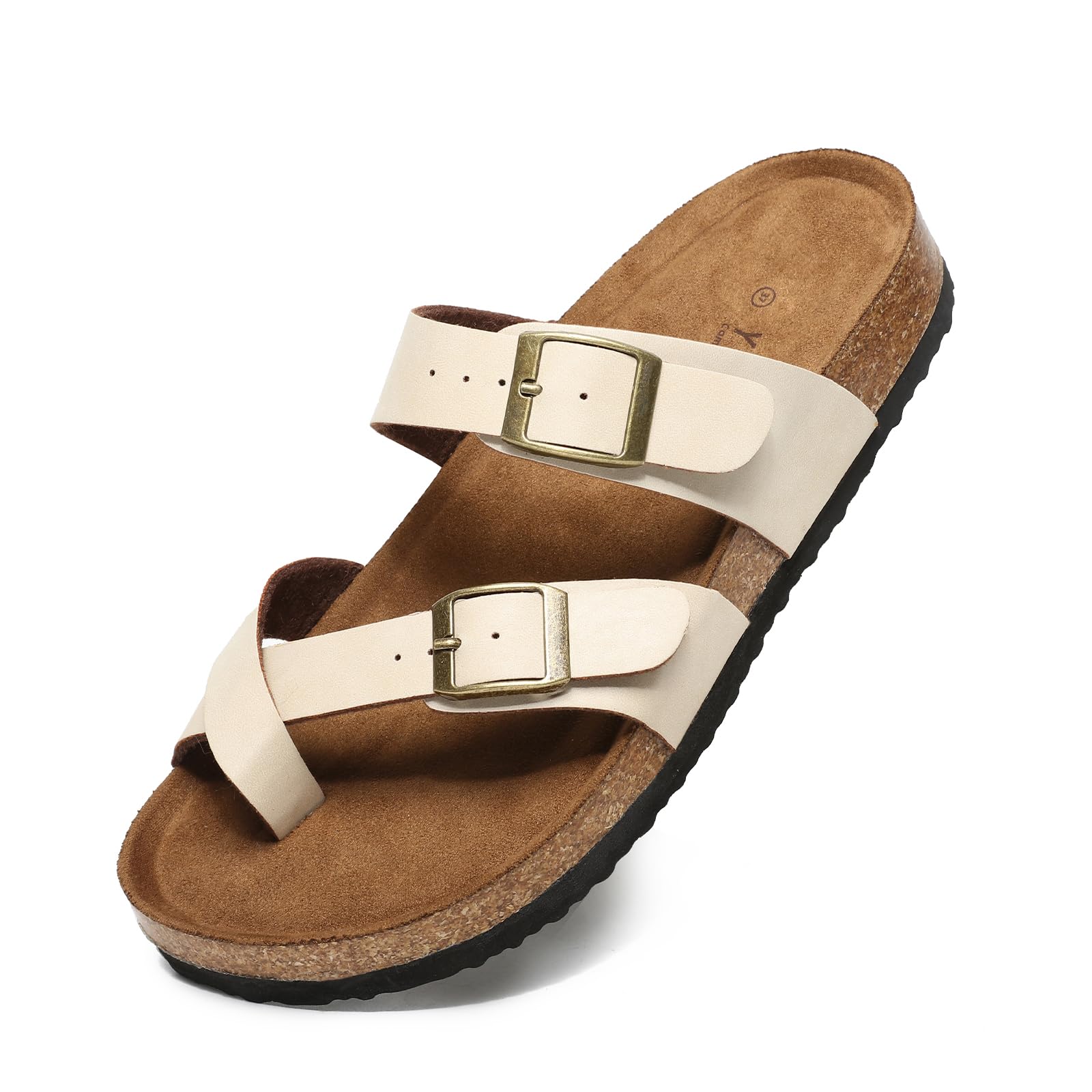 Yozuru Womens Cork Footbed Sandals Comfort Open Toe Slides Adjustable Buckle Beach Summer Flat Sandals with Arch Support