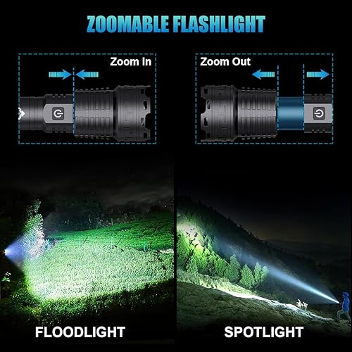 Miniatura 4 de Alifa Linternas recargables de alto lúmenes, 990000 lúmenes, linterna táctica LED, 5 modos, linterna súper brillante con zoom, IPX67 impermeable,