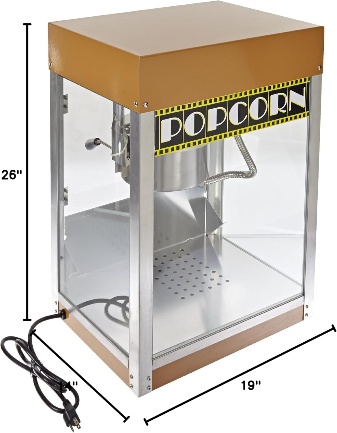 Benchmark 11068 Hollywood Premiere Popcorn Machine with dimensions labeled