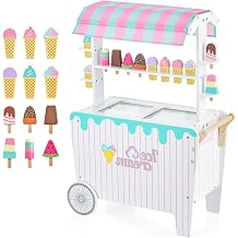 GLACER Ice Cream Cart, Wooden Kids Grocery Store Playset w/Display Rack, Freezer, Side Handle Bar, 2 Wheels, Canopy, 12-Piece Accessories, Realistic Ice Cream Cart Toy, Gift for Boys Girls 3+