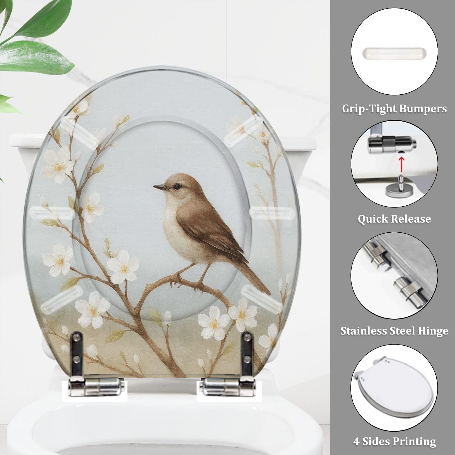 Round Toilet Seat Delicate Brown Bird Flowering Branch White Blossoms Soft Artistic Resin Toilet Seat Quietly Close Quick Release Hinges with Cover Bumpers Decorative Easy to Install Clean