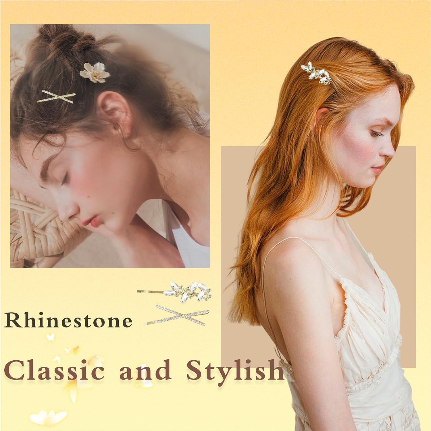 5 PCS Rhinestone Hair Clips Elegant Gold Wedding Hair Pins Crystal Barrette Leaf Flower Bobby Pins Sparkly Fancy Hair Accessories for Women Prom Brides Bridesmaids(Gold) image 3