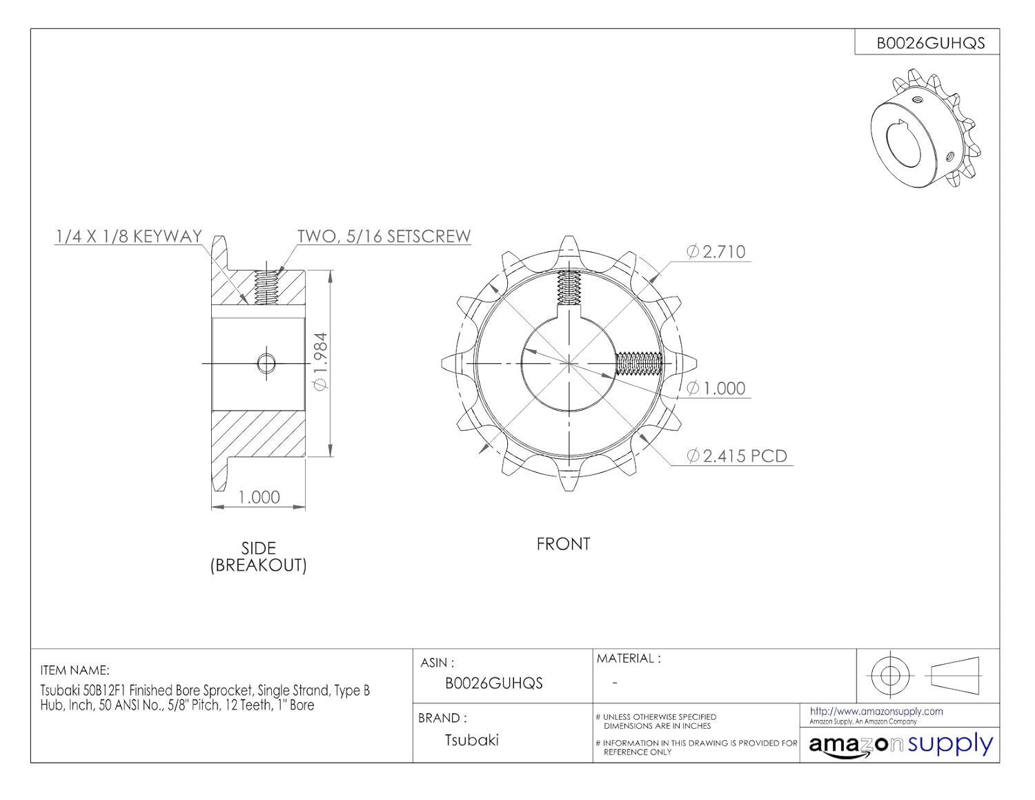 TSUBAKI - H50B12F-1 Tsubaki 50B12F-1 Finished Bore Sprocket, Single Strand, Inch, #50 ANSI No., 5/8" Pitch, 12 Teeth, 1" Bore