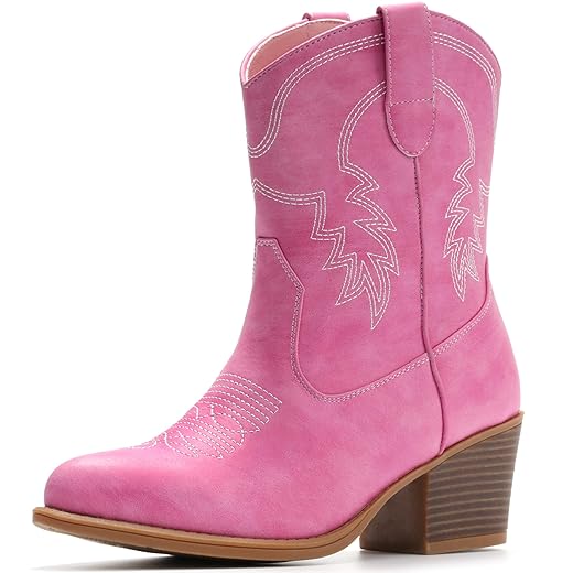 IXU Cowboy Boots for Women Ankle Cowgirl Booties Wide Mid Calf Pointed Toe Western Boots Short Chunky Classic Booties