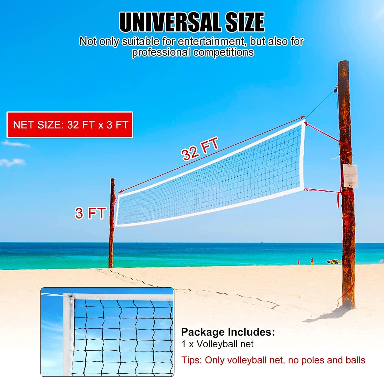AMZ Professional Volleyball Net Outdoor Sand, Grass Volleyball Nets for Backyard, Portable Beach Kids Pro Volleyball Practice Net Set 32X3FT (4 Side Tape) (White) 2