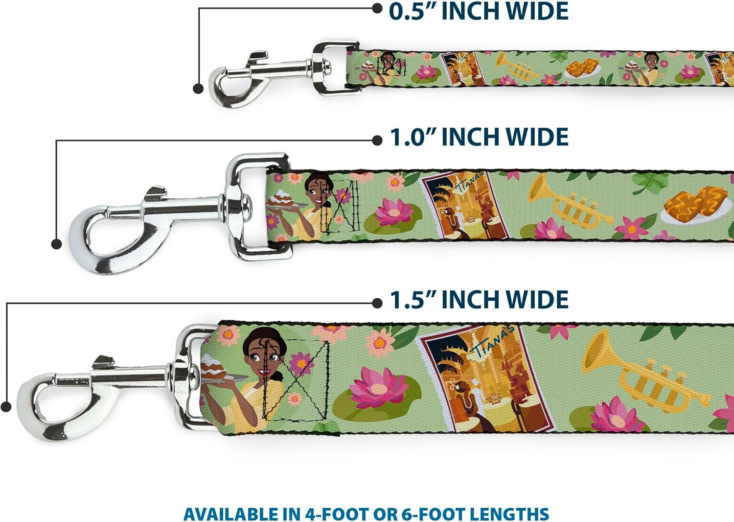 Disney Pet Leash, Dog Leash, The Princess and The Frog Tianas Place Collage Greens Pinks, 6 Feet Long 1.5 Inch Wide
