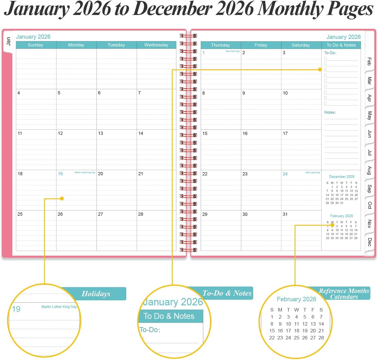 Daily Planner 2026 Full Page Per Day- 2026 Daily & Monthly Planner from January 2026 to December 2026, Day Planner 2026 with 12 Months Tabs, 8.5" x 11", Pink