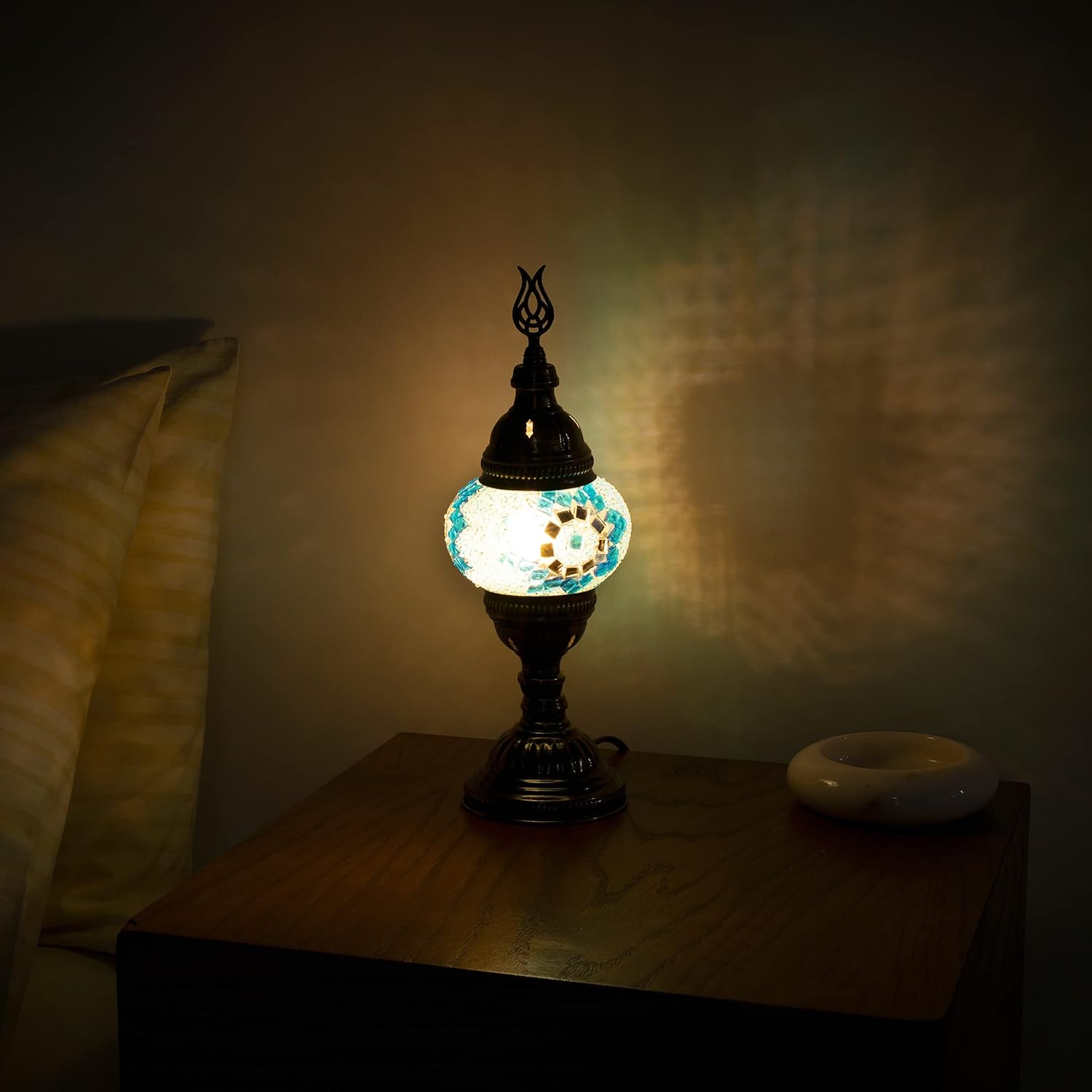 Moroccan Mosaic Table Lamp - Inspiring Handcrafted Lamp - Vibrant Light for Home Décor - Moroccan Accent Lighting - Blue, Small (E12 Candelabra Bulb not Included)