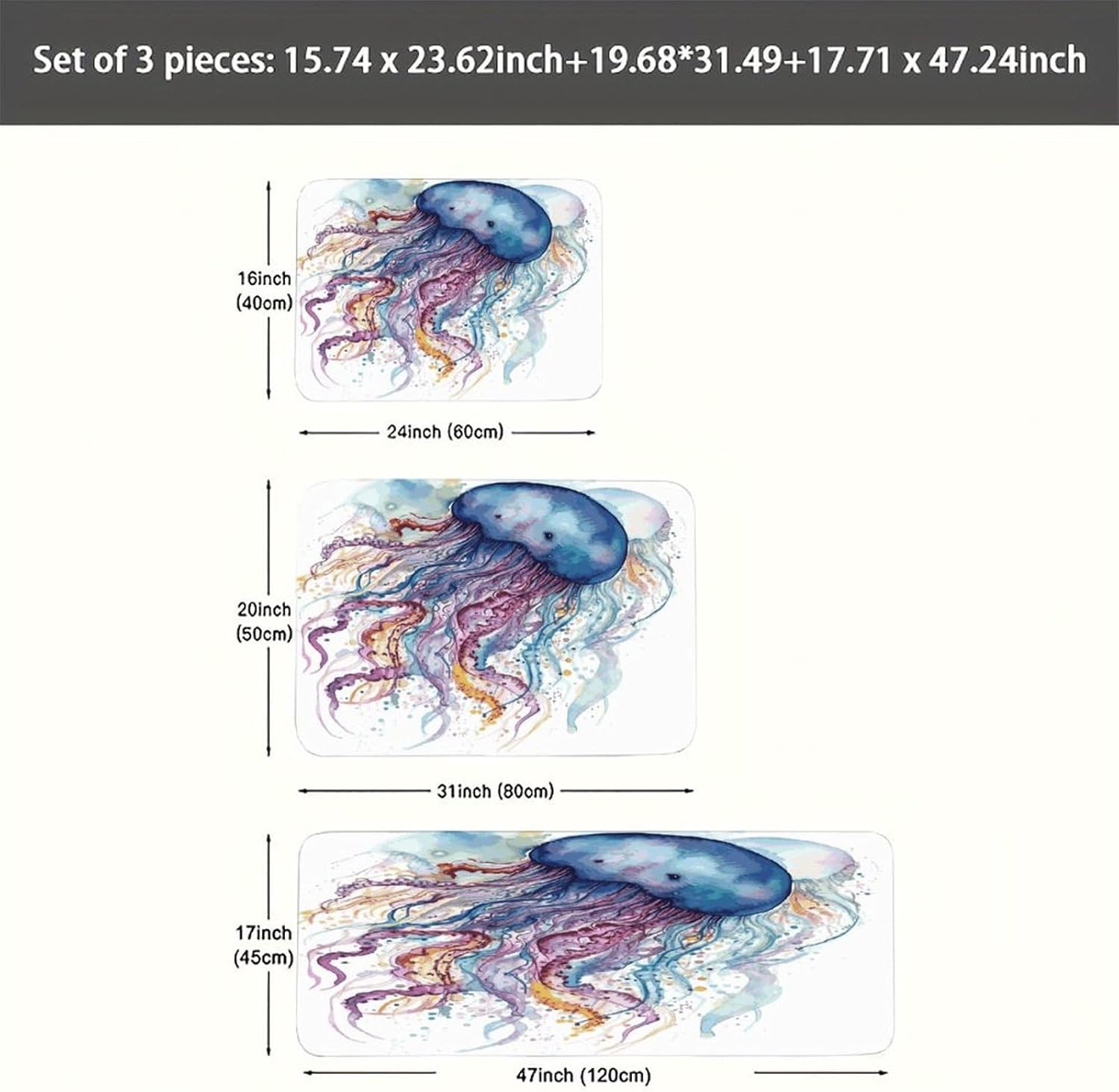 Watercolor Jellyfish Kitchen Mats Soft Absorbent Rugs for Floor Non Slip Washable Kitchen Mats Fashion Rectangular Rugs for Three-Piece Set for Laundry Office Home Sink