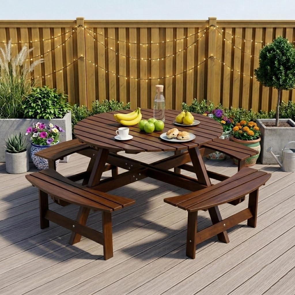 8 Person Wooden Picnic Table, Outdoor Round Picnic Table with 4 Built-in Benches, Umbrella Hole, Outside Table and Bench Set for Patio, Backyard, 500lbs Capacity Per Bench (Brown - 8Person)
