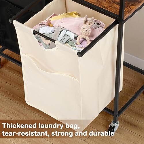 Miniatura 8 de Cesta de lavandería de 100 litros, cesta de lavandería doble con 2 bolsas enrollables, organizador clasificador de lavandería resistente e