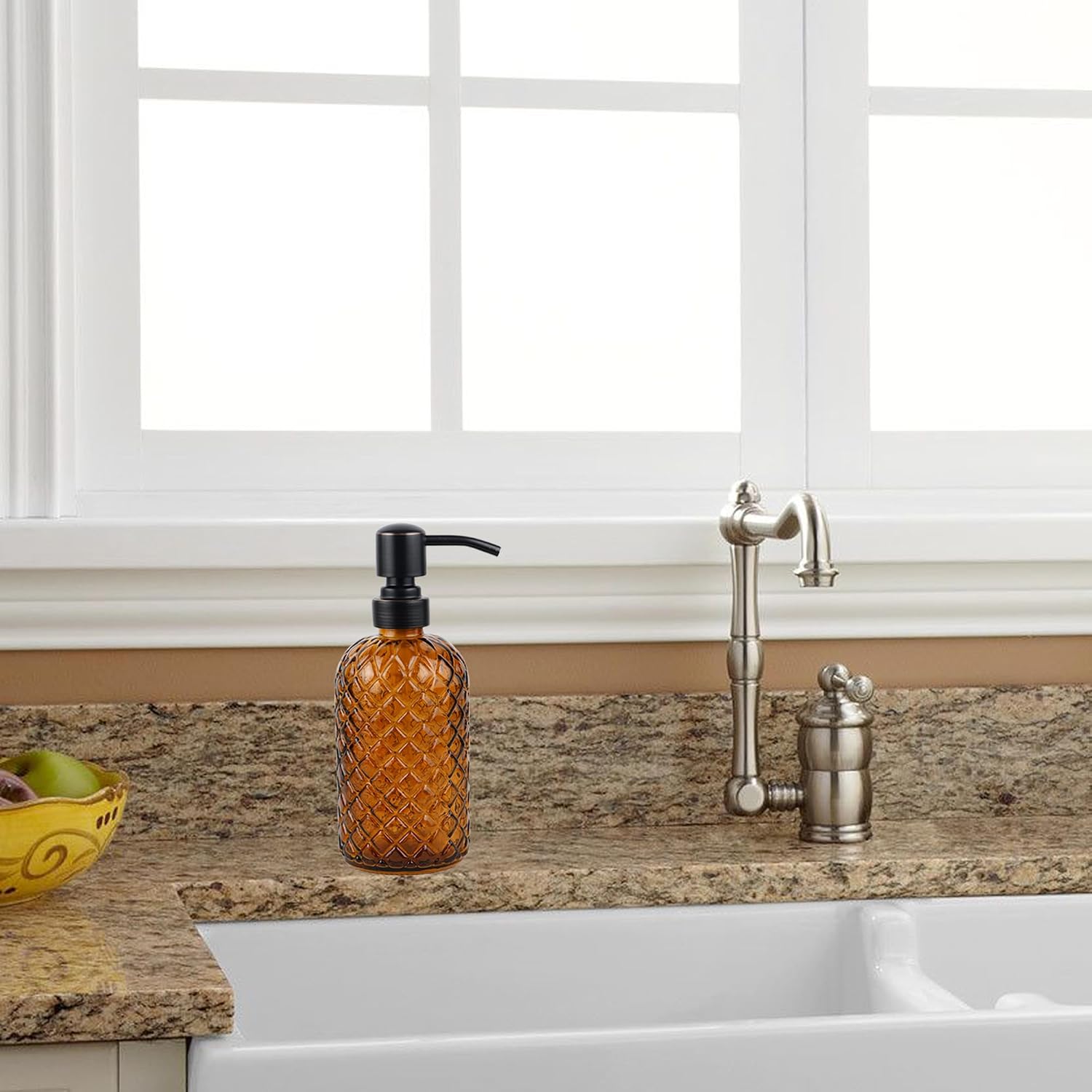 16 oz Glass Soap Dispenser with Stainless Steel Vintage Brushed Bronze Pump Head, Refillable Gemstone Pattern Soap Dispenser for Hand Soap, Dish Soap, and Lotion (Amber)