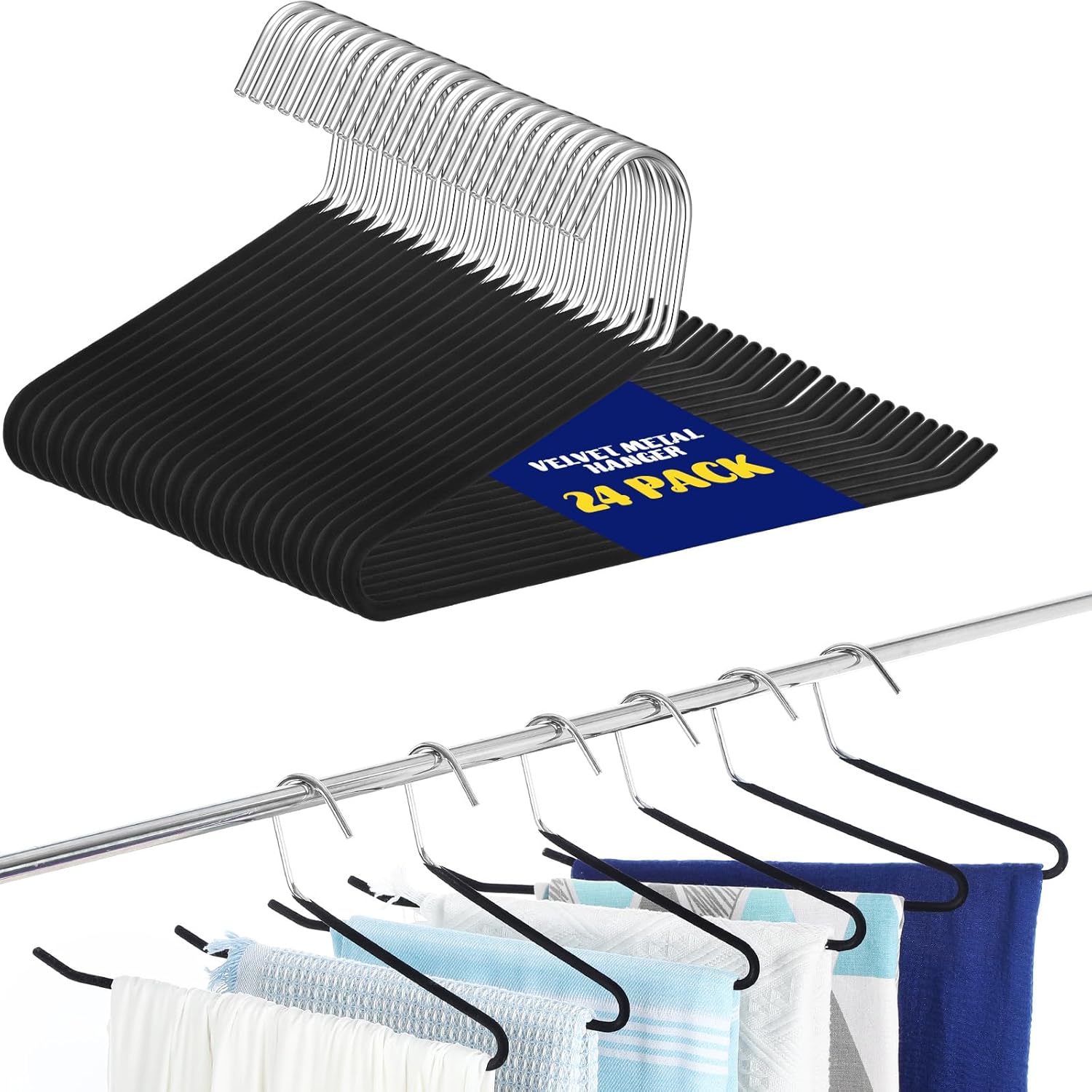 24 Pcs Threehoney Velvet Metal Pants Hanger Non-Slip Heavy Duty 13. 58 Inches-inch Long Open Ended Hangers Closet Space Saving Clothes Hanger Set for Pants Trouser, Blankets, and Jeans, Scarf, Black