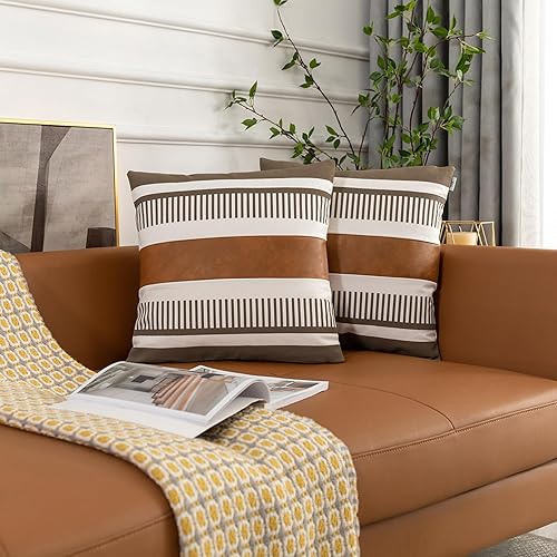 Miniatura 2 de Juego de 2 fundas de almohada decorativas de color marrón de 16 x 16 pulgadas, funda de almohada geométrica de rayas modernas para cama, sofá,