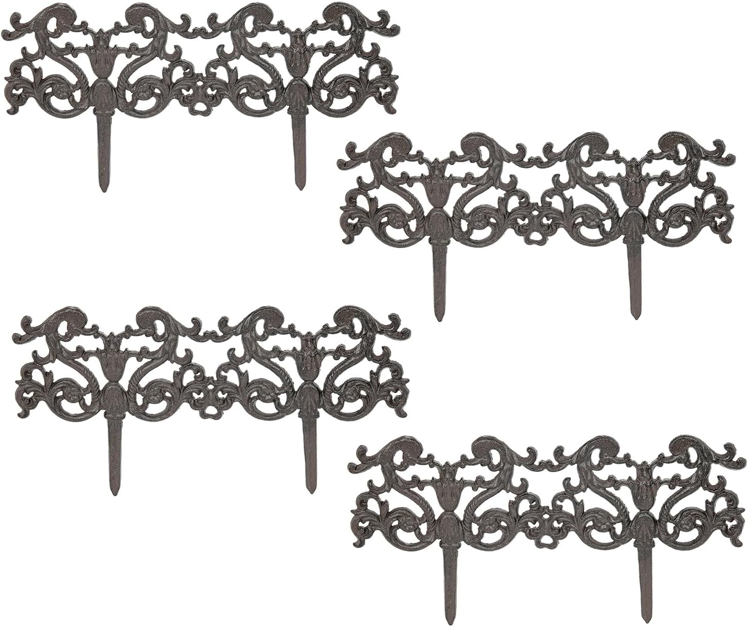 Sungmor Vintage Cast Iron Garden Border Fence, Decorative Metal Edging for Flower Beds & Pathways, Ornate Heavy Duty Outdoor Lawn Edge Décor, Antique Brown Finish & 4 Pack Panels, 8.5" H × 16.5" W