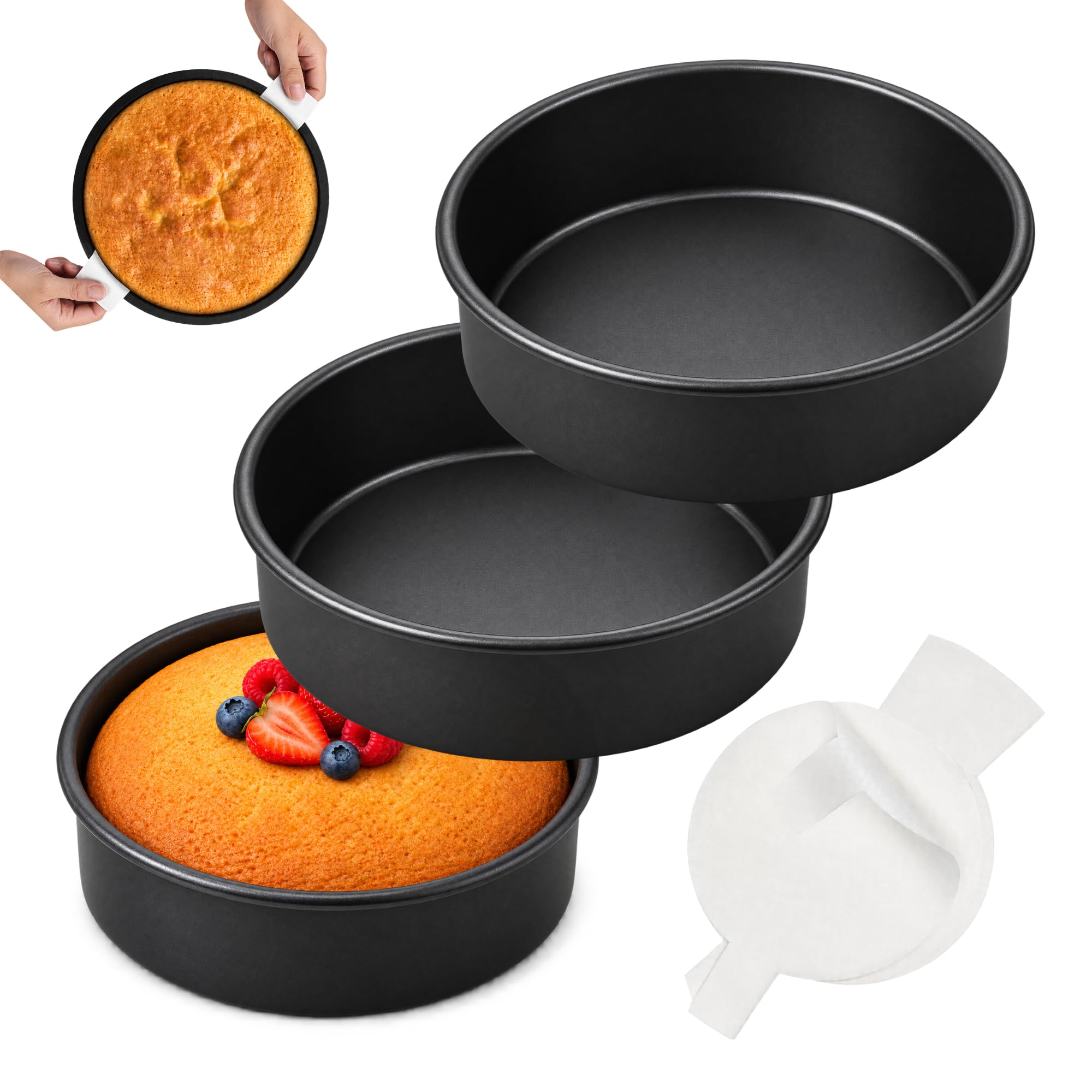 RFAQK Juego de moldes redondos para tartas de 6 pulgadas de 3 a 6 pulgadas con 120 piezas de papel pergamino, moldes antiadherentes para hornear, aptos para lavavajillas