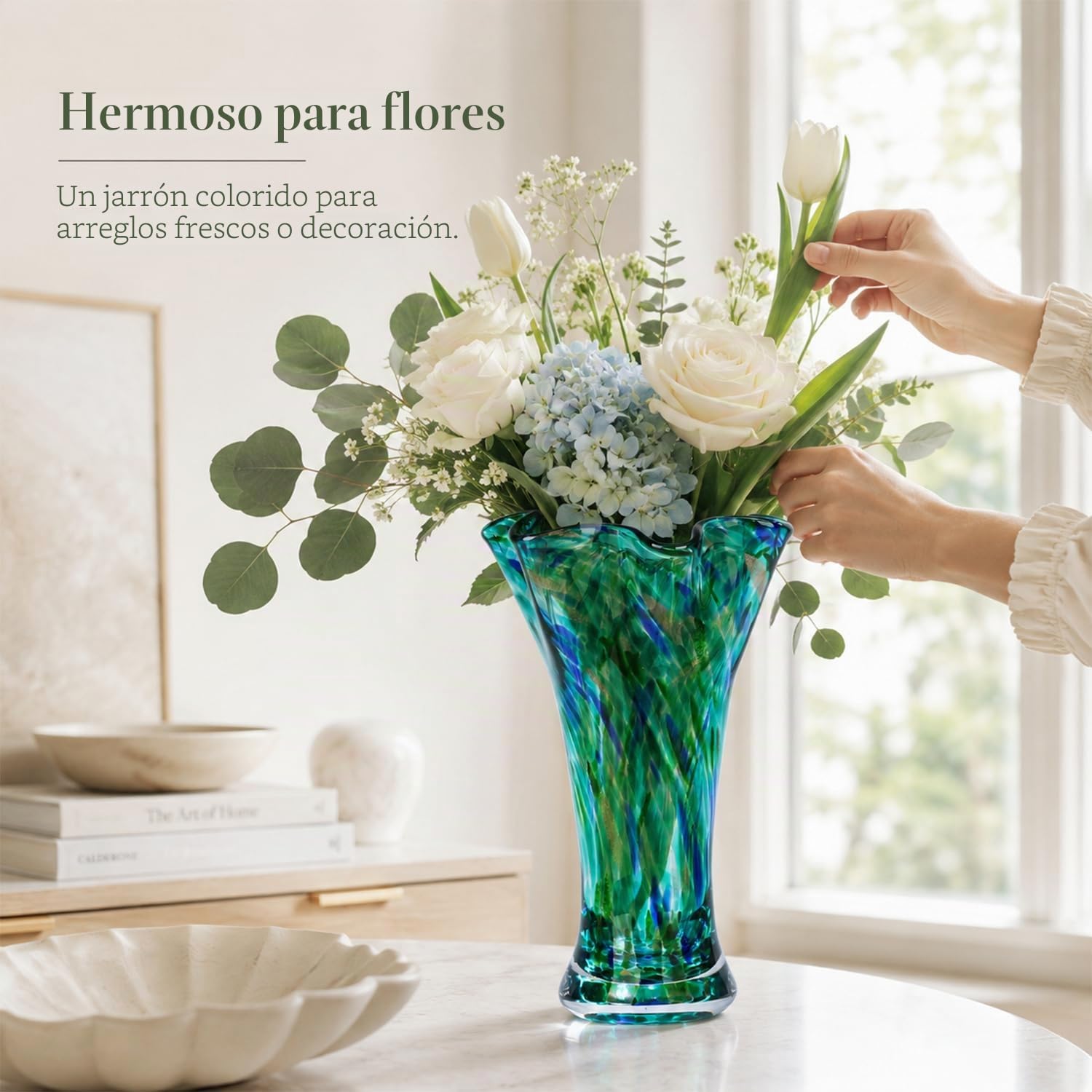 Vasos de vidrio azul petrel de 22,9 cm de altura para flores, jarrón de vidrio soplado a mano, decoración de interior, jarrón para flores verdes de cuello ancho, centros de mesa, para estantería, mesa