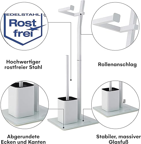 Miniatura 2 de Juego de WC  Blanco  8.7 x 7.1 x 27.6in  Soporte de papel higiénico y escobilla de inodoro incl.  Acero inoxidable  Base de vidrio resistente  Plus