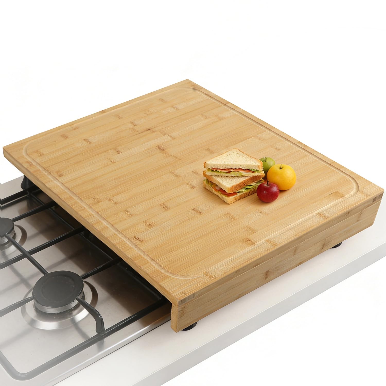 BAMOTTO CRAFTBAMBOO Großes Bambus-Schneidebrett – Herdabdeckung, über der Spüle, Nudelbrett mit abnehmbaren Beinen und rutschfester Lippe, Saftrille für Küchenarbeitsplatte, 50,8 x 55,9 cm