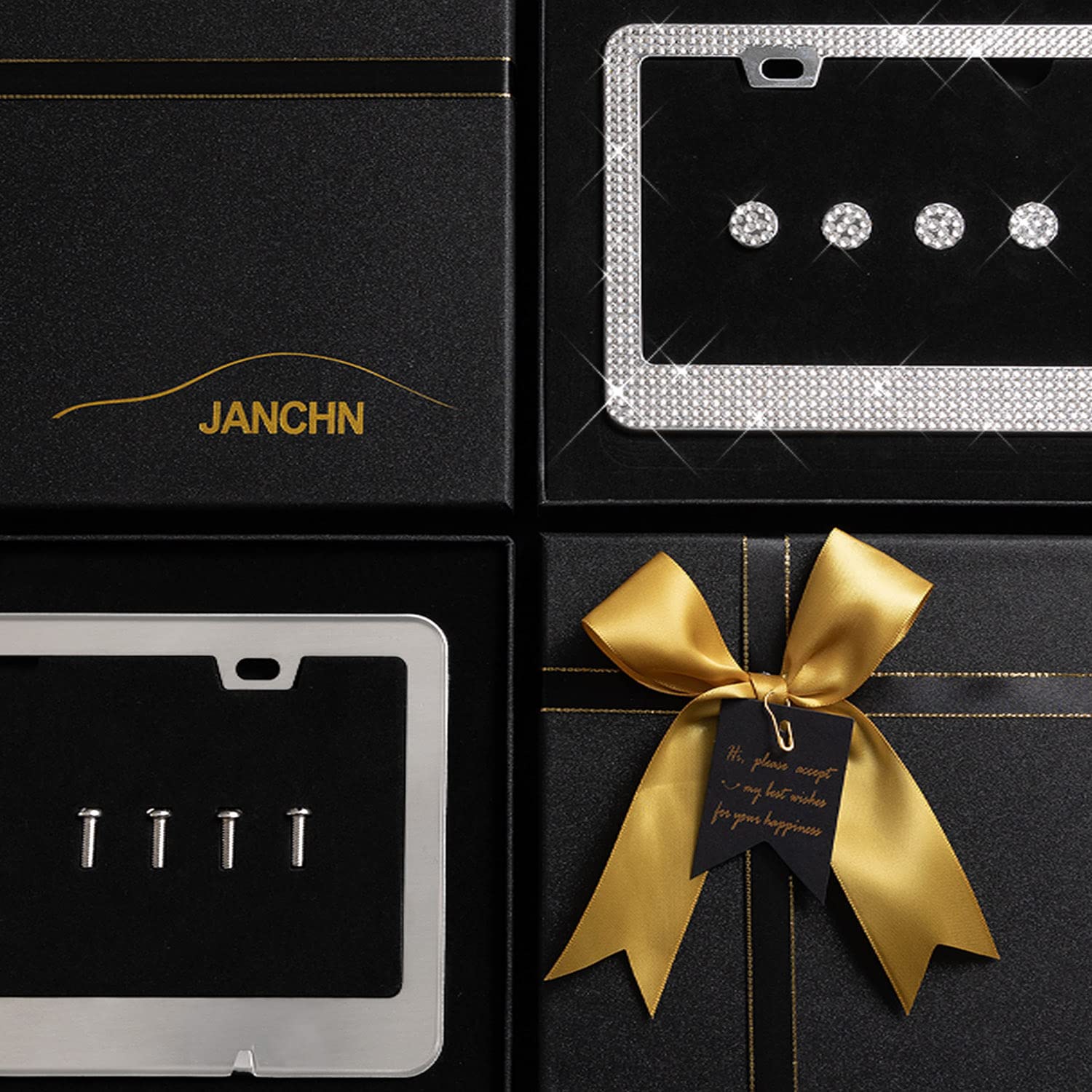 JANCHN Bling Rhinestone Car License Plate Frame 2 Pack, Glitter White Diamond Stainless Steel License Plate Frames for Women, Sparkly License Plate Frame Gift Package White