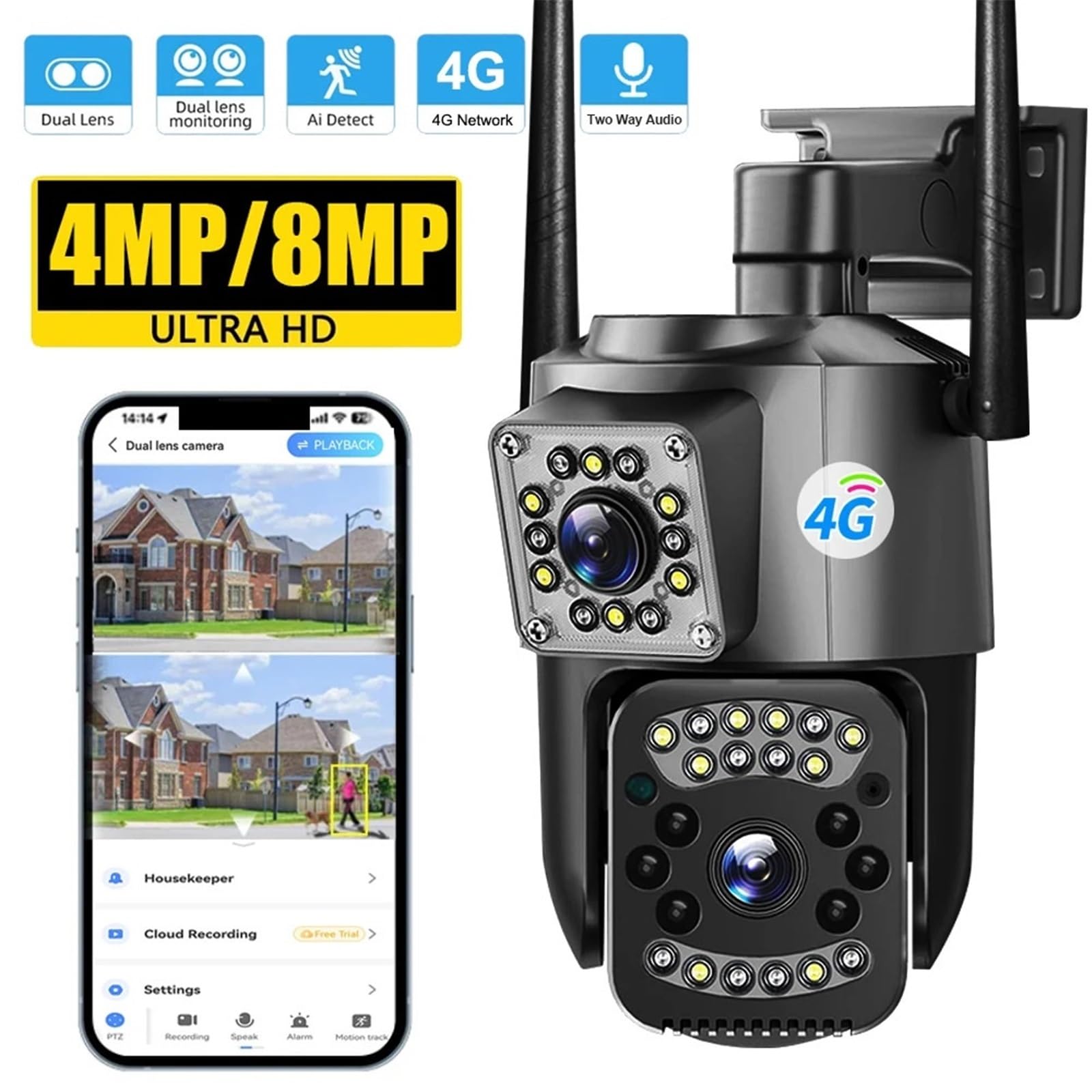 Kamera bezpieczeństwa, 4MP 4K Dual Lens Outdoor Camera PTZ IP Cameras Night Vision Security Protection Wireless CCTV Net Video Surveillence(32g)