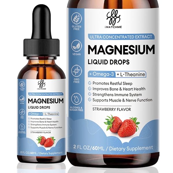 iMATCHME Magnesium Glycinate Liquid Drop with Citrate, Oxide and Taurate, Calm Magnesium with Omega3, L-Theanine, D3, B6, B12 for Calm, Sleep, Leg Cramps, Muscles, Energy, Sugar-Free Strawberry Flavor