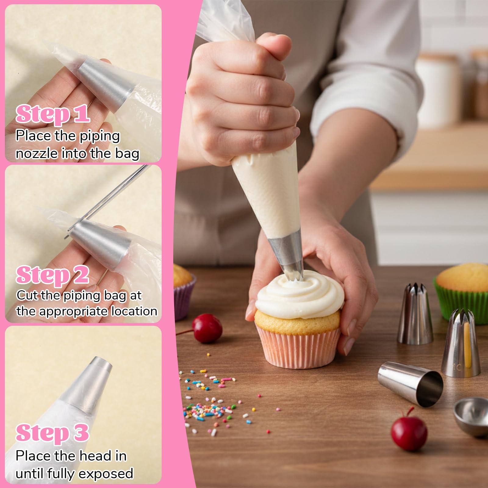 5-teiliges großes Spritztüllen-Set aus Edelstahl, runde Spritztüllen, professionelles Keksdekorationsspitzen-Set für Cupcakes, Kuchendekoration (1A, 1E, 1C, 2,7 m, 356)