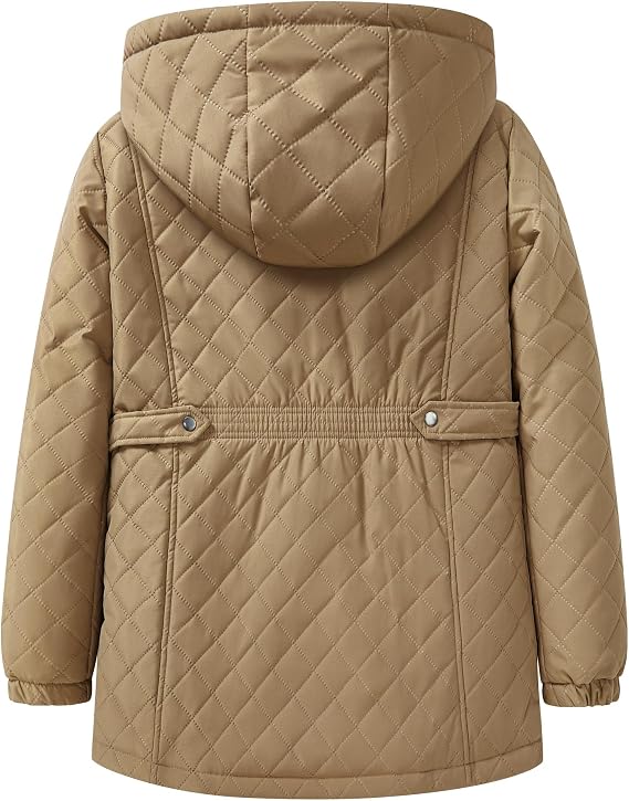JiangWu Women's Long Fleece Lined Winter Coat -Stylish Diamond Quilted Warm Jacket with Removable Hood